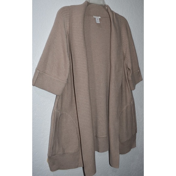 Chicos Cardigan 3/XL Open Front Short Sleeve Knit Sweater Tan Natural Lagenlook - Picture 14 of 16